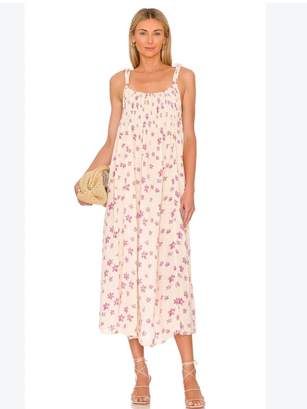 Free People NWT Azure Cream Midi Dress with Pink Floral Print